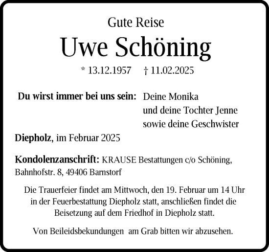 Todesanzeige von Uwe Schöning von SYK