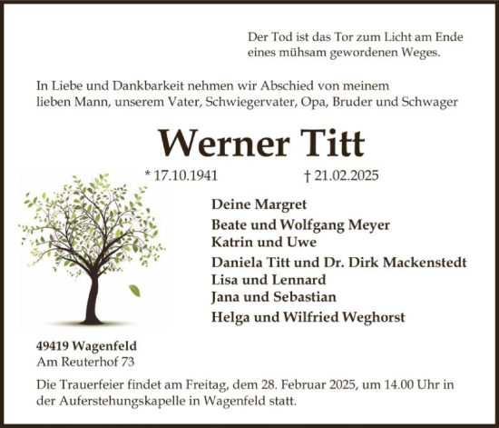 Todesanzeige von Werner Titt von SYK