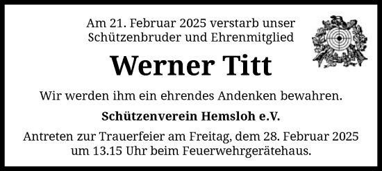 Todesanzeige von Werner Titt von SYK