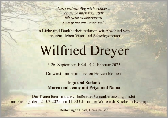 Todesanzeige von Wilfried Dreyer von SYK
