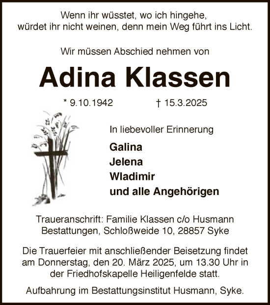 Todesanzeige von Adina Klassen von SYK