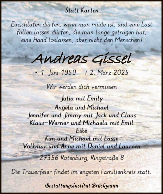 Todesanzeige von Andreas Gissel von SYK