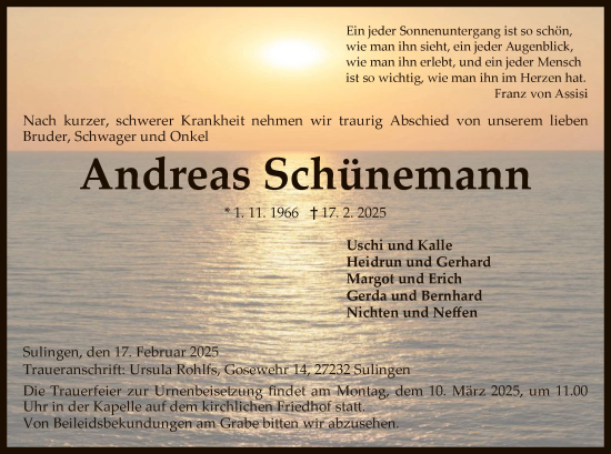 Todesanzeige von Andreas Schünemann von SYK