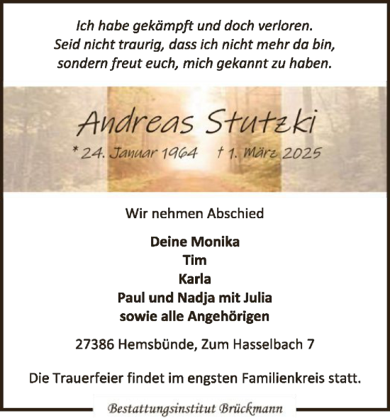 Todesanzeige von Andreas Stutzki von SYK