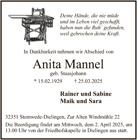 Todesanzeige von Anita Mannel von SYK