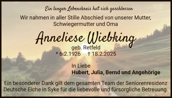 Todesanzeige von Anneliese Wiebking von SYK