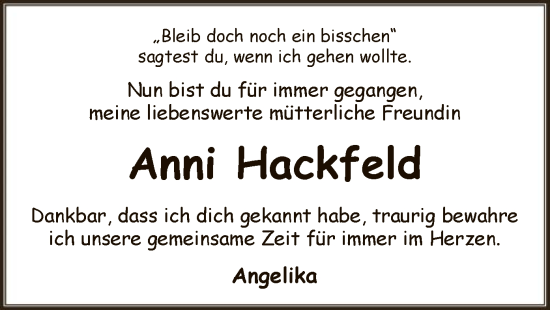 Todesanzeige von Anni Hackfeld von SYK