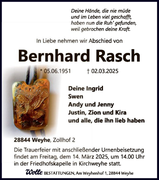 Todesanzeige von Bernhard Rasch von SYK