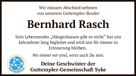 Todesanzeige von Bernhard Rasch von SYK
