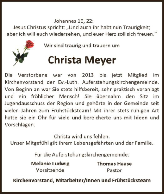 Todesanzeige von Christa Meyer von SYK