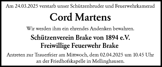 Todesanzeige von Cord Martens von SYK