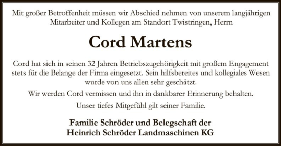 Todesanzeige von Cord Martens von SYK