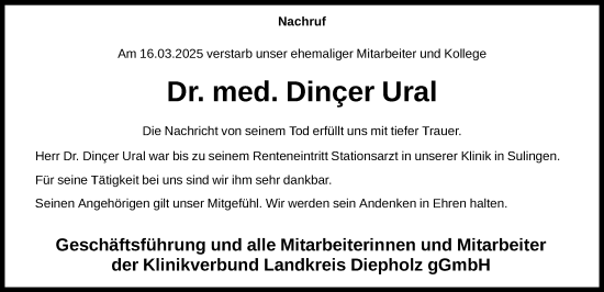 Todesanzeige von Dincer Ural von SYK