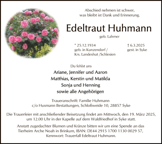 Todesanzeige von Edeltraut Huhmann von SYK