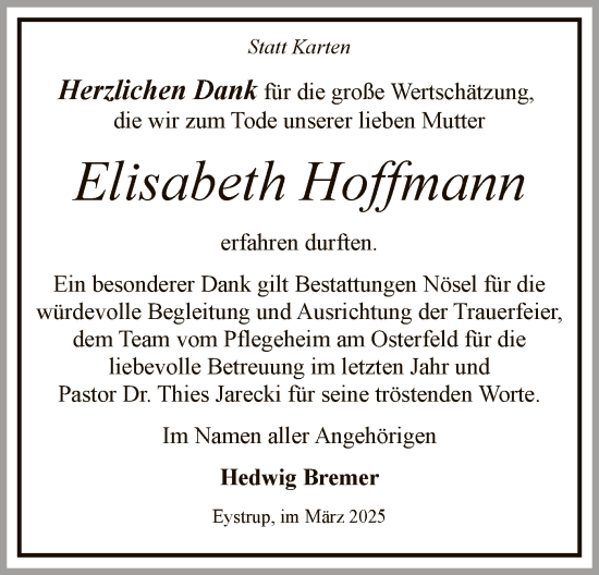 Todesanzeige von Elisabeth Hoffmann von SYK