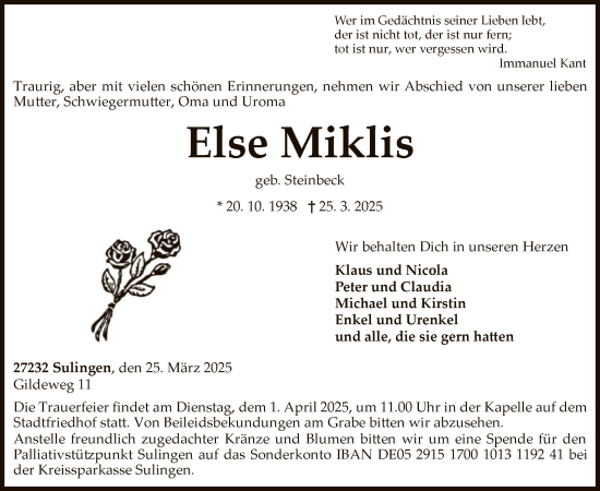 Todesanzeige von Else Miklis von SYK