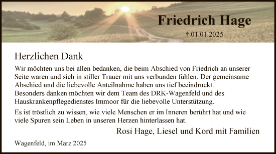 Todesanzeige von Friedrich Hage von SYK