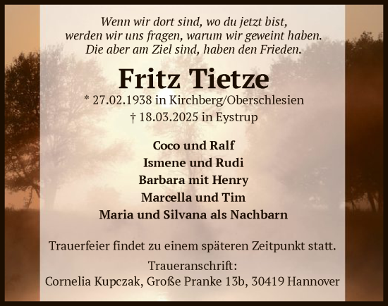 Todesanzeige von Fritz Tietze von SYK