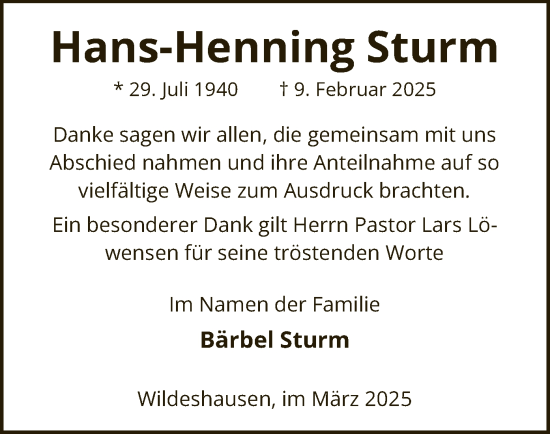 Todesanzeige von Hans-Henning Sturm von SYK