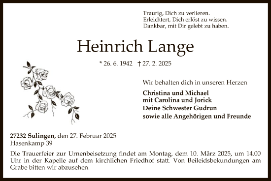 Todesanzeige von Heinrich Lange von SYK
