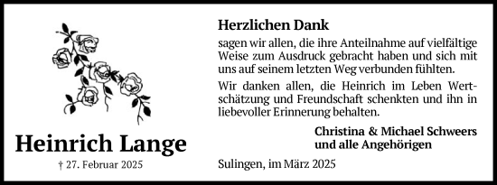 Todesanzeige von Heinrich Lange von SYK