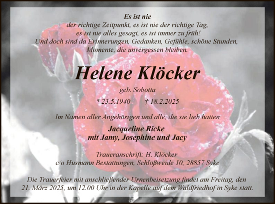 Todesanzeige von Helene Klöcker von SYK