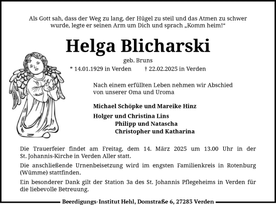 Todesanzeige von Helga Blicharski von SYK