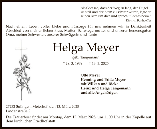 Todesanzeige von Helga Meyer von SYK