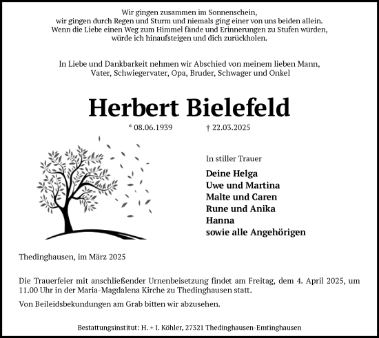 Todesanzeige von Herbert Bielefeld von SYK
