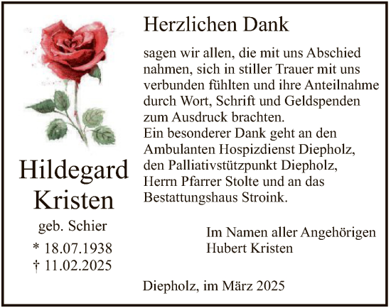 Todesanzeige von Hildegard Kristen von SYK