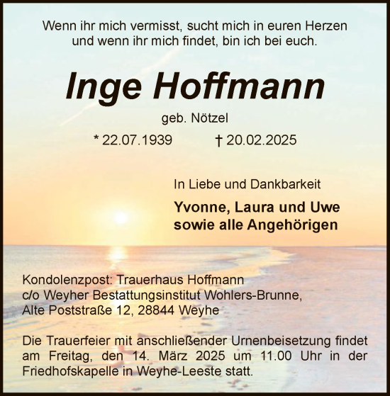 Todesanzeige von Inge Hoffmann von SYK