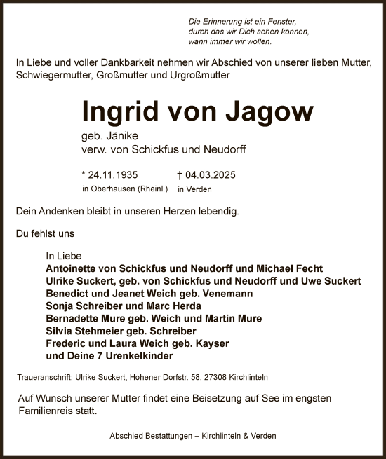 Todesanzeige von Ingrid von Jagow von SYK