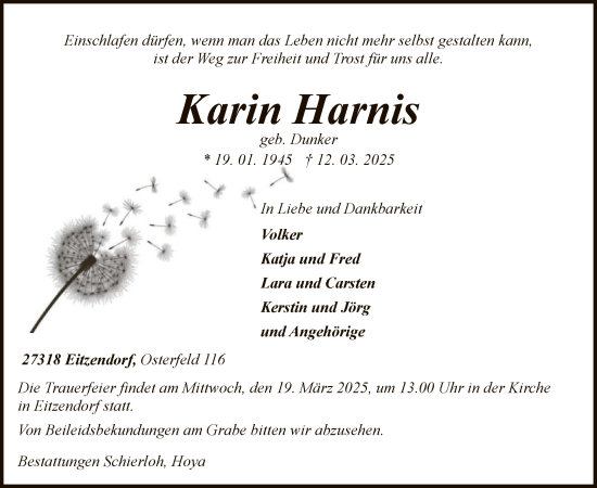 Todesanzeige von Karin Harnis von SYK