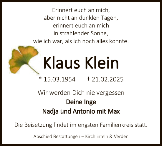 Todesanzeige von Klaus Klein von SYK