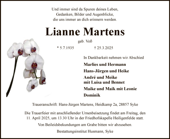 Todesanzeige von Lianne Martens von SYK