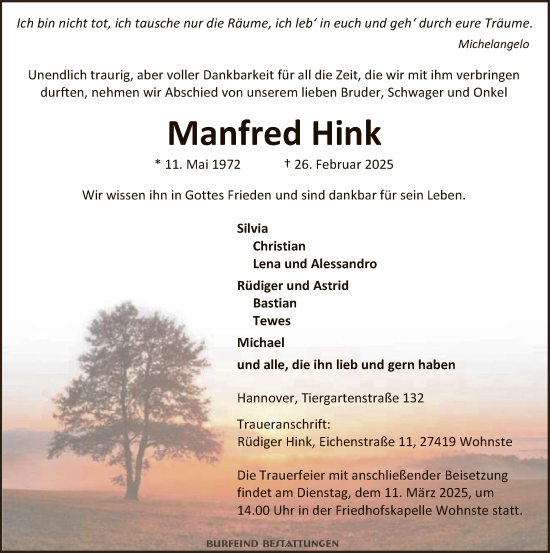 Todesanzeige von Manfred Hink von SYK