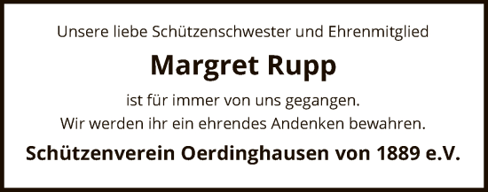 Todesanzeige von Margret Rupp von SYK