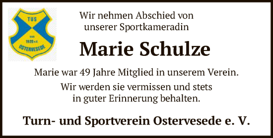 Todesanzeige von Marie Schulze von SYK