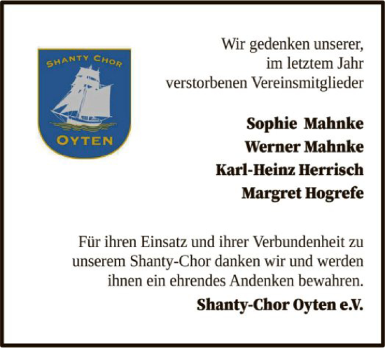 Todesanzeige von Nachruf Shanty-Chor Oyten e.V. von SYK