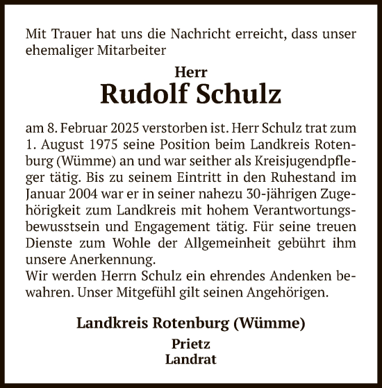 Todesanzeige von Rudolf Schulz von SYK