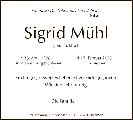 Todesanzeige von Sigrid Mühl von SYK
