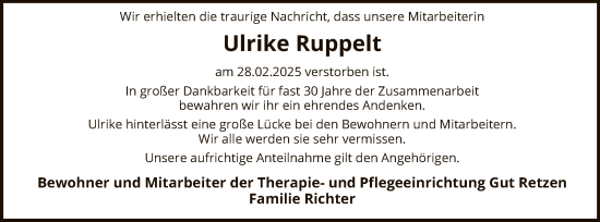 Todesanzeige von Ulrike Ruppelt von SYK