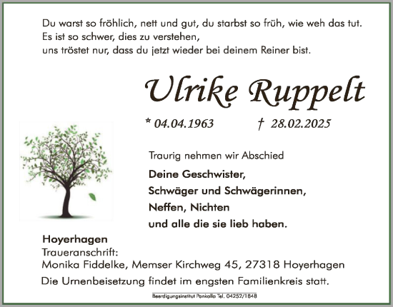 Todesanzeige von Ulrike Ruppelt von SYK