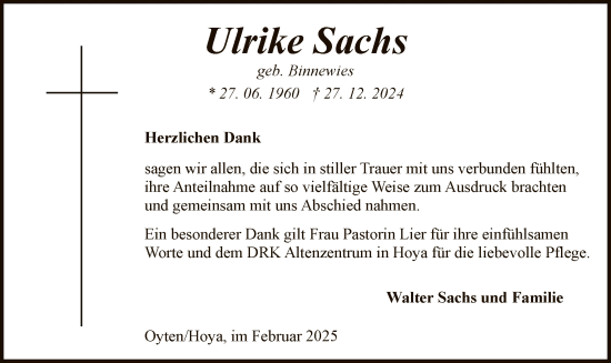 Todesanzeige von Ulrike Sachs von SYKSYK