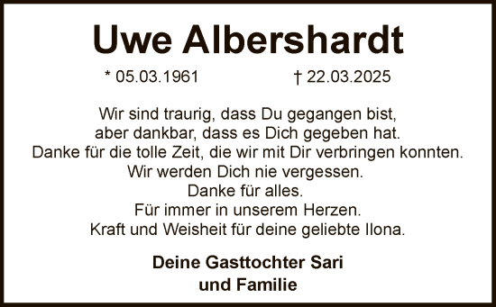 Todesanzeige von Uwe Albershardt von SYK