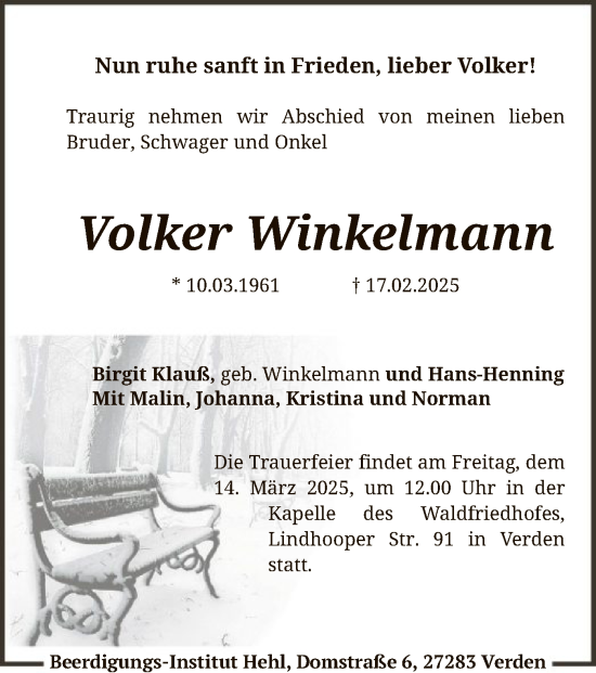 Todesanzeige von Volker Winkelmann von SYK