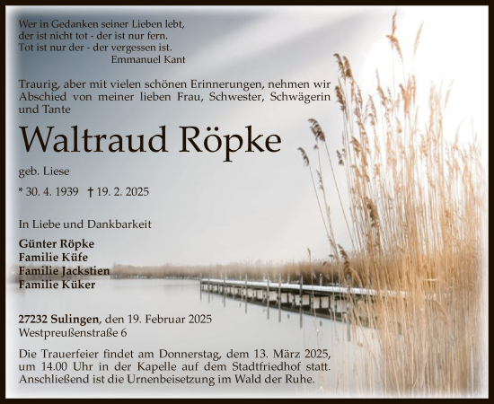 Todesanzeige von Waltraud Röpke von SYK