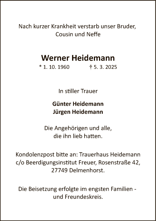 Todesanzeige von Werner Heidemann von SYK