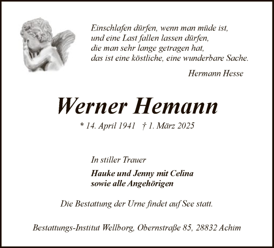 Todesanzeige von Werner Hemann von SYK