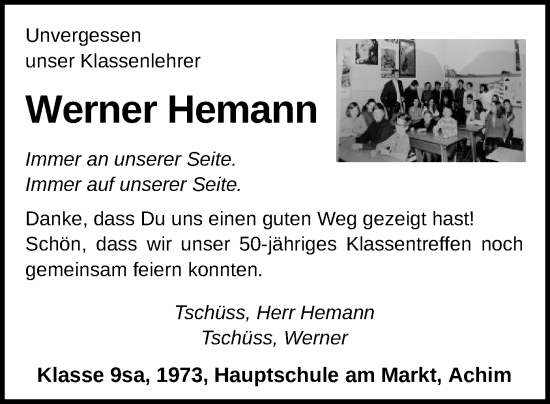 Todesanzeige von Werner Hemann von SYK